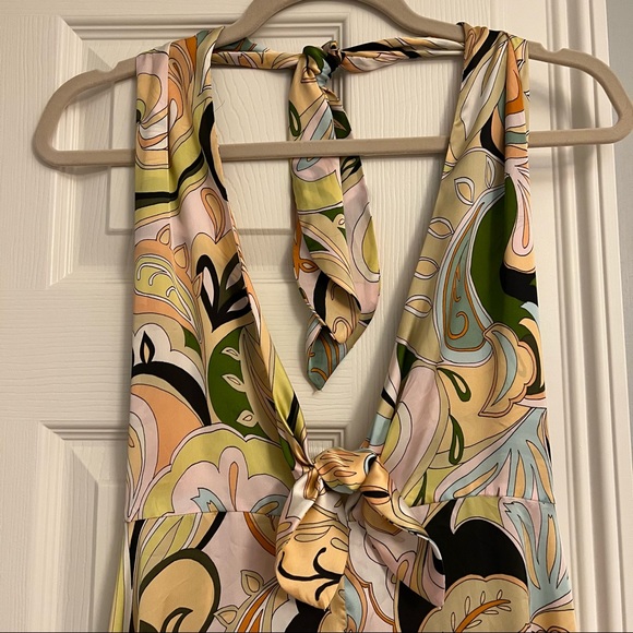 Zara Retro/Y2K Tie Front Paisley Floral Satin Halter Sleeveless Midi Slip Dress - Picture 6 of 16